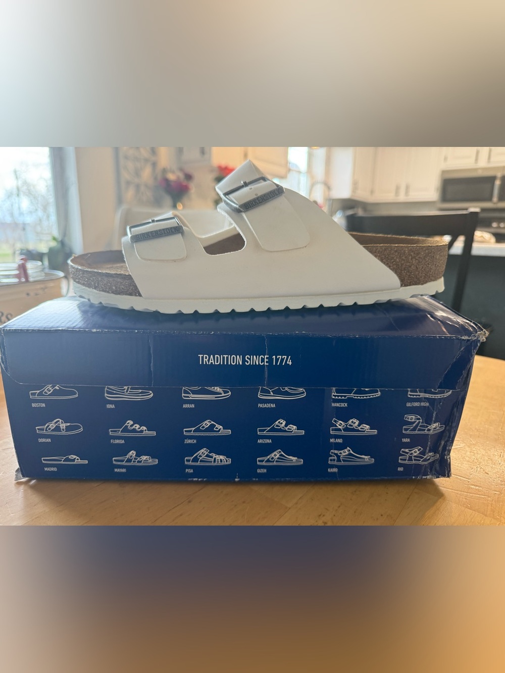 Birkenstock White Two-Strap Arizona Sandal with Silver Buckles